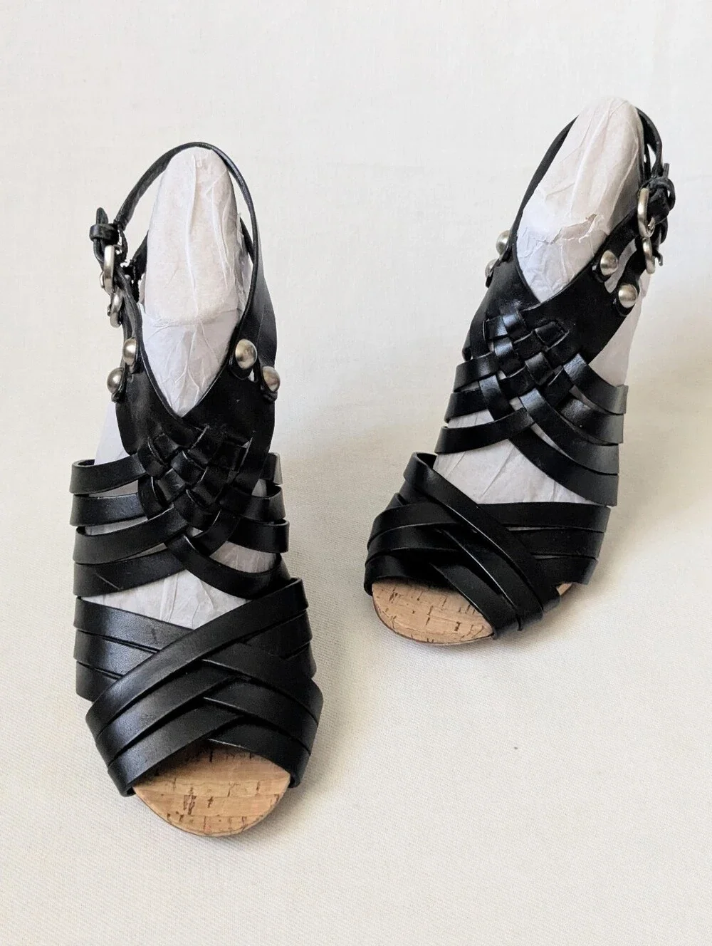 Coach Black Leather Adrienn Strappy Block Heel Cork Sandals 6.5